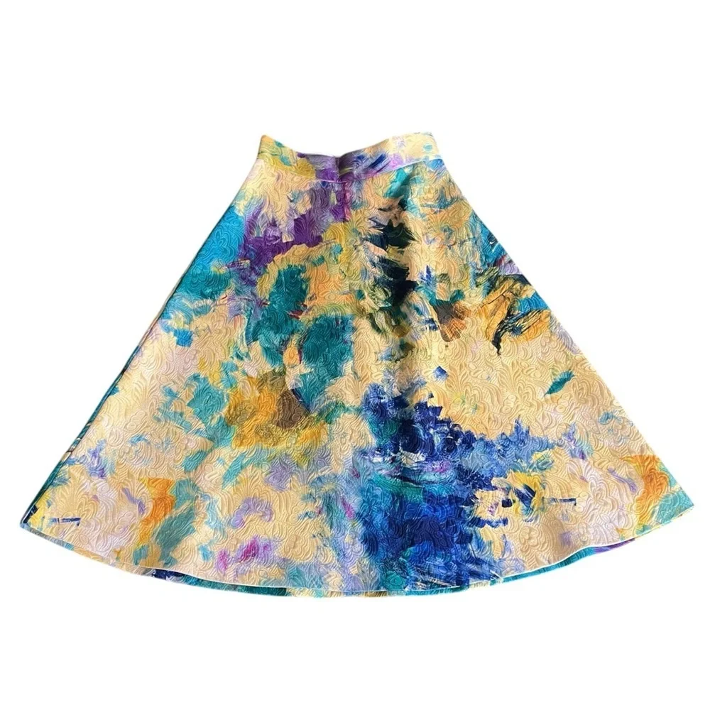 H&M Vibrant Yellow Painted Textured High Waisted A Line Midi Skirt Sz 4​​ - Picture 6 of 13